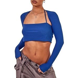 Pretty Little Thing Blue Backless Long Sleeve Crop Top Nwt Size 4